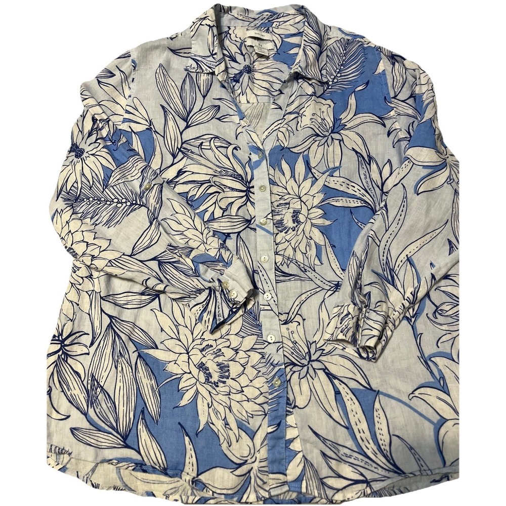 H By Halston 100% Linen ButtonUp Blouse Blue White Floral Long Sleeve Women's 3X